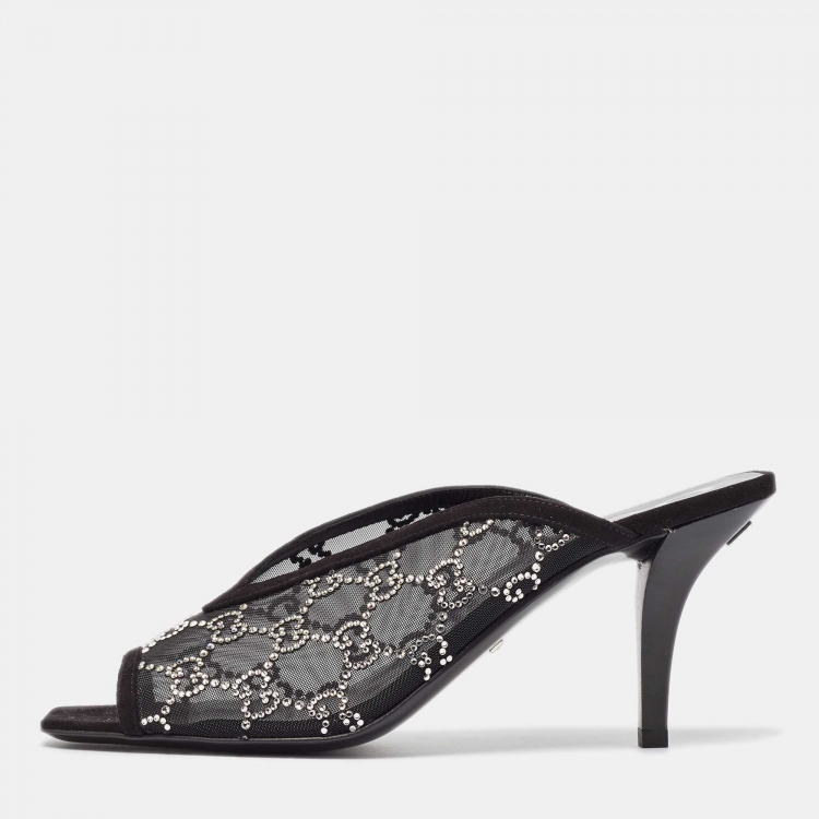 Pre Owned Gucci Black GG Crystal Embellished Mesh Mules Size 39