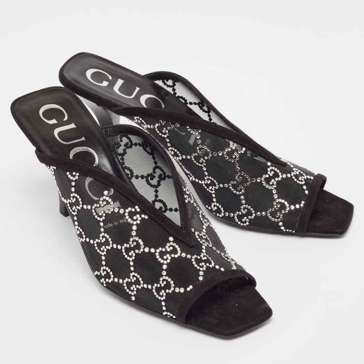 Pre Owned Gucci Black GG Crystal Embellished Mesh Mules Size 39