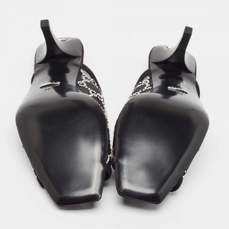 Pre Owned Gucci Black GG Crystal Embellished Mesh Mules Size 39