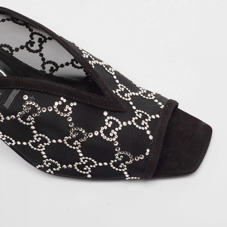 Pre Owned Gucci Black GG Crystal Embellished Mesh Mules Size 39
