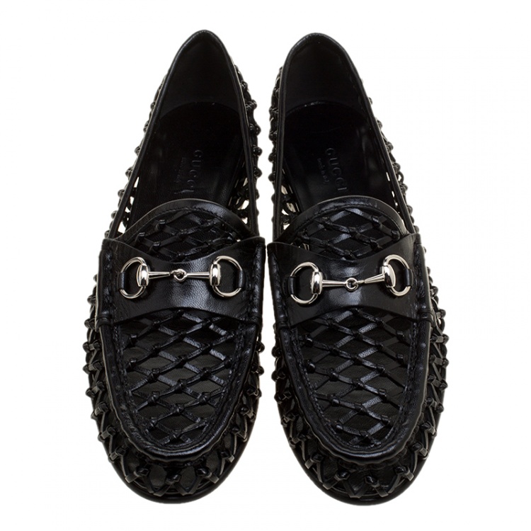 Pre Owned Gucci Black Woven Leather Horsebit Loafers Size 37