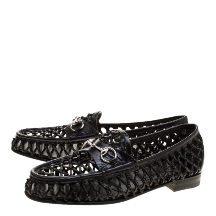 Pre Owned Gucci Black Woven Leather Horsebit Loafers Size 37