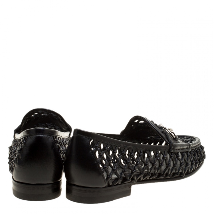Pre Owned Gucci Black Woven Leather Horsebit Loafers Size 37