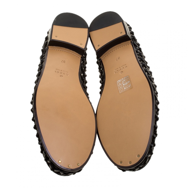 Pre Owned Gucci Black Woven Leather Horsebit Loafers Size 37