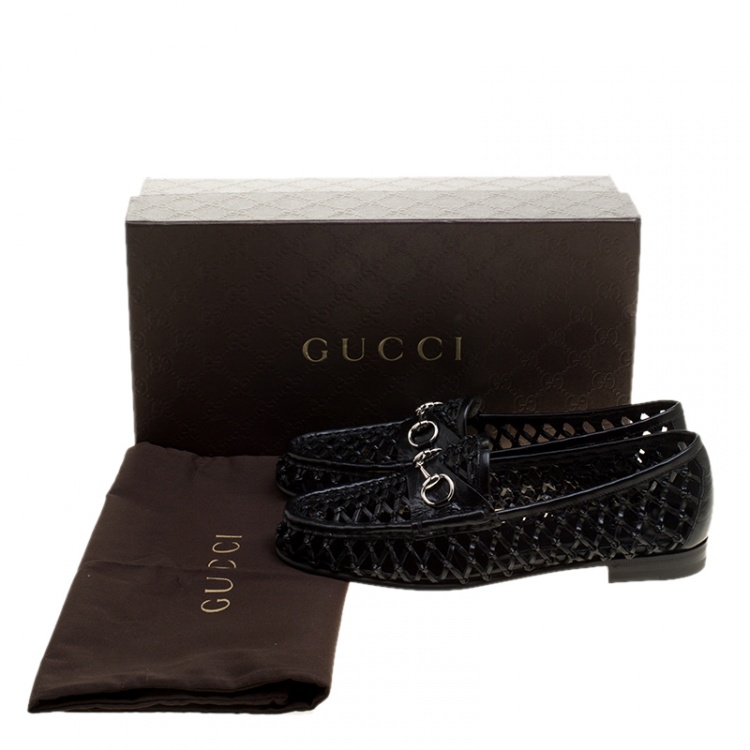 Pre Owned Gucci Black Woven Leather Horsebit Loafers Size 37