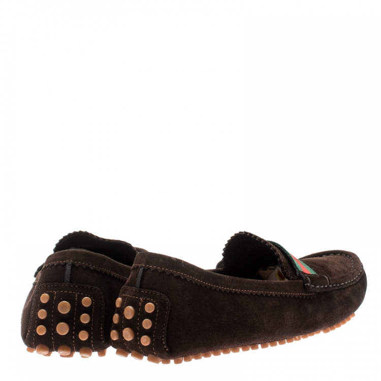 Pre Owned Gucci Brown Suede Web Trim Loafers Size 38.5