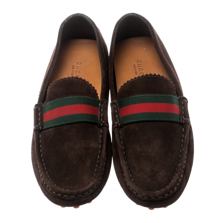 Pre Owned Gucci Brown Suede Web Trim Loafers Size 38.5