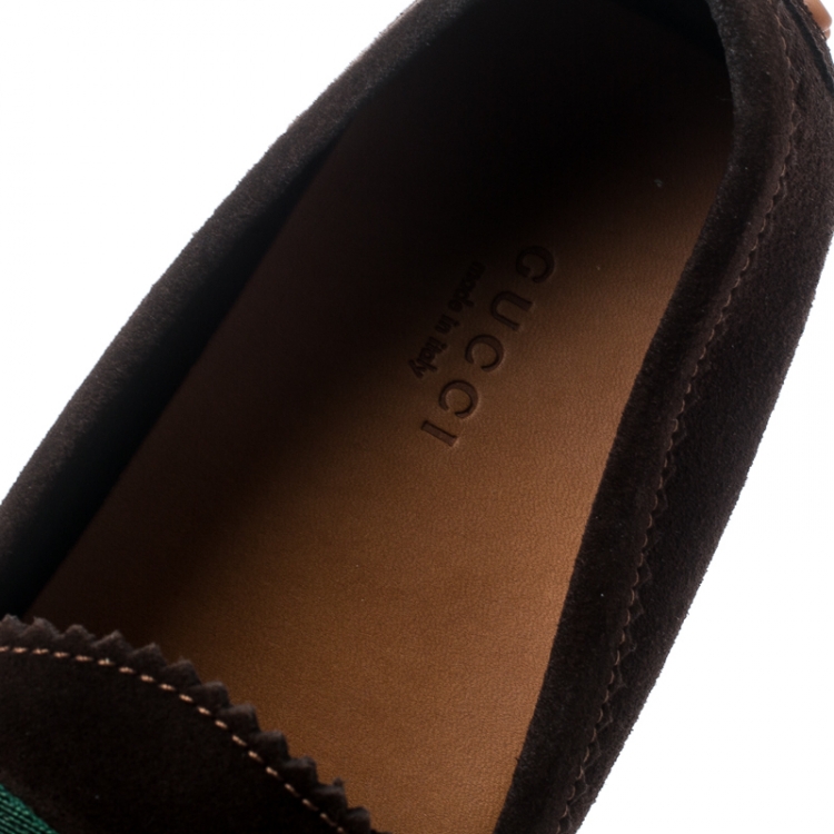 Pre Owned Gucci Brown Suede Web Trim Loafers Size 38.5