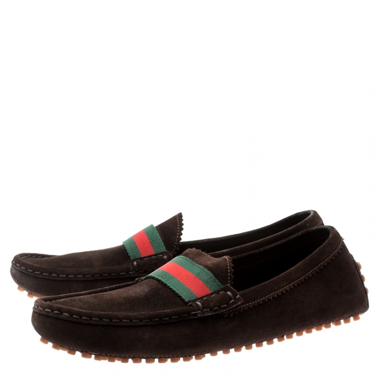 Pre Owned Gucci Brown Suede Web Trim Loafers Size 38.5