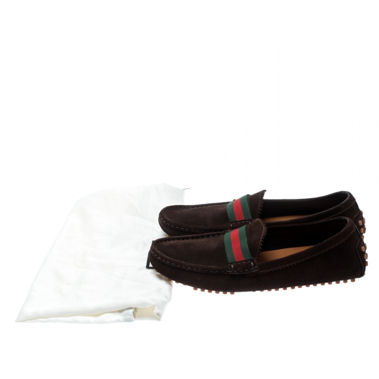 Pre Owned Gucci Brown Suede Web Trim Loafers Size 38.5