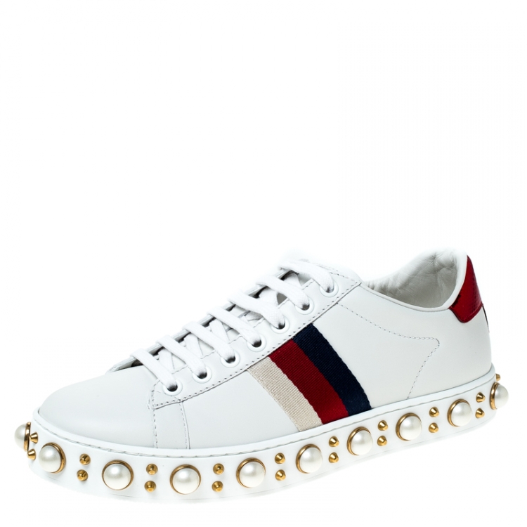 Gucci White Leather Pearl Studded Ace 