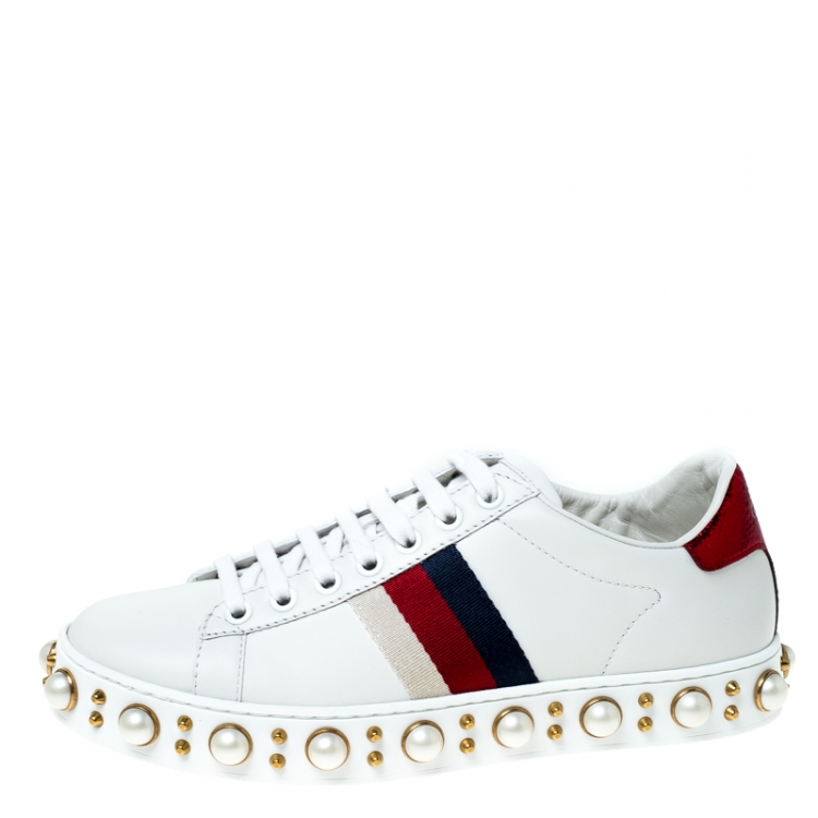 Gucci White Leather Pearl Studded Ace Low Top Sneakers Size Gucci | TLC