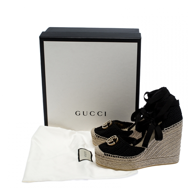 Gucci Black Crochet Lilibeth Logo Embellished Platform Wedge Espadrilles Size 38 Gucci Tlc
