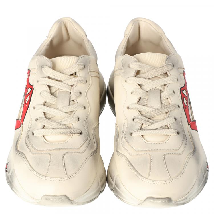 Pre Owned Gucci Beige Leather Mouth Print Rhyton Sneakers Size 38