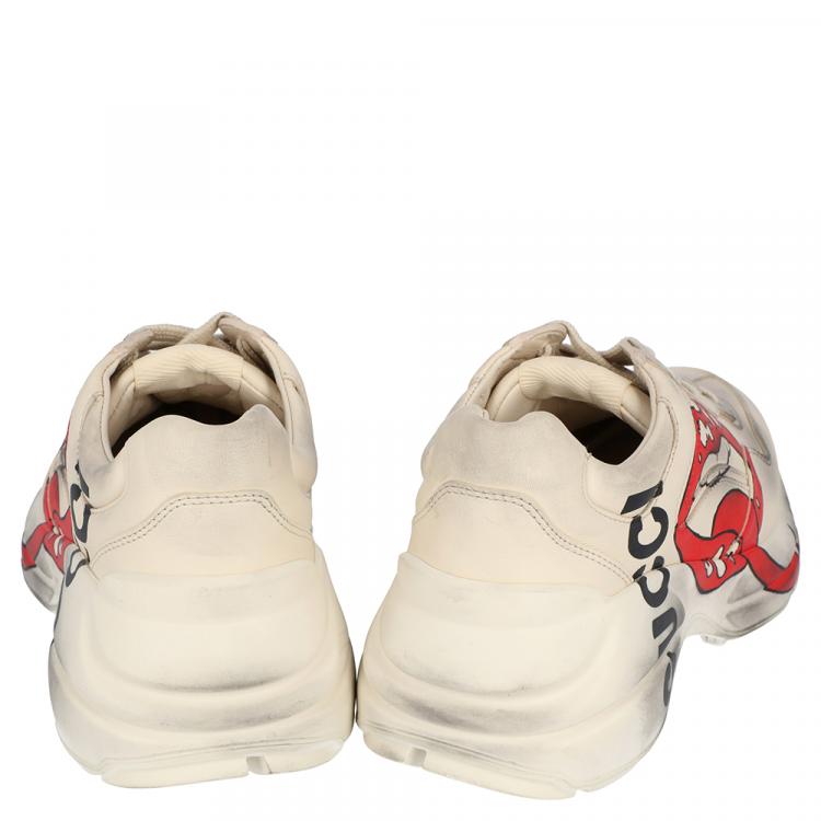 Pre Owned Gucci Beige Leather Mouth Print Rhyton Sneakers Size 38