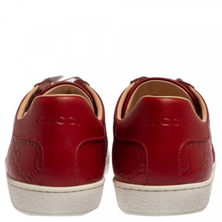 Pre Owned Gucci Red Guccissima Leather Ace Web Low Top Sneakers Size 38.5