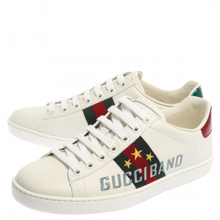 Pre Owned  Gucci White Leather Embroidery Rainbow Patch Low Top Sneaker Size 37