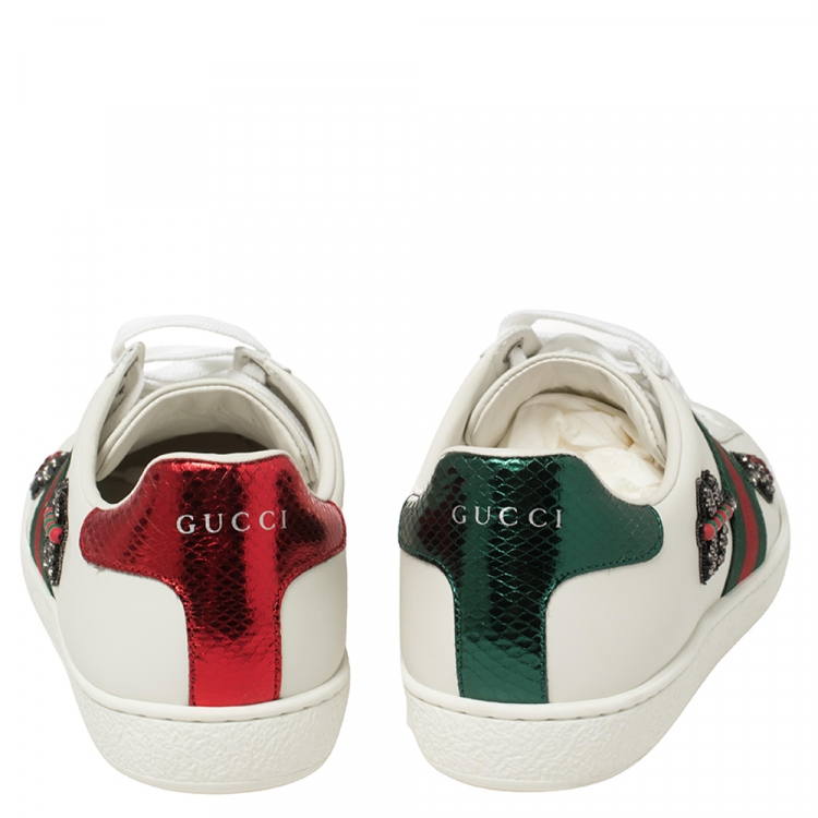 Pre Owned Gucci White Leather Ace Embellished Arrow Appliqué Low Top Sneakers Size 38.5