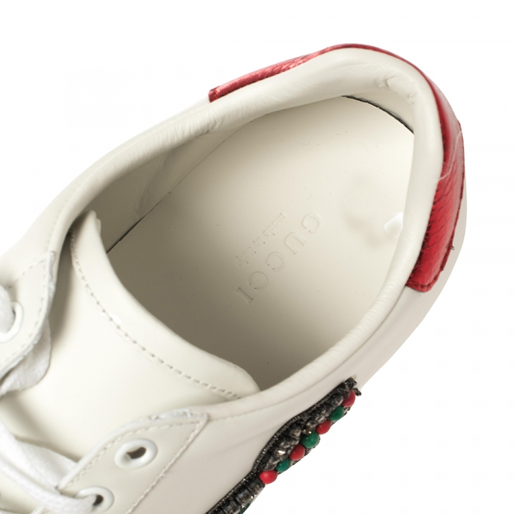 Pre Owned Gucci White Leather Ace Embellished Arrow Appliqué Low Top Sneakers Size 38.5