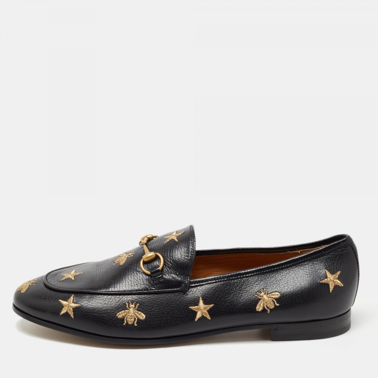 مملوكة مسبقًا Gucci Black Leather Embroidered Star Bee Horsebit Loafers Size 41