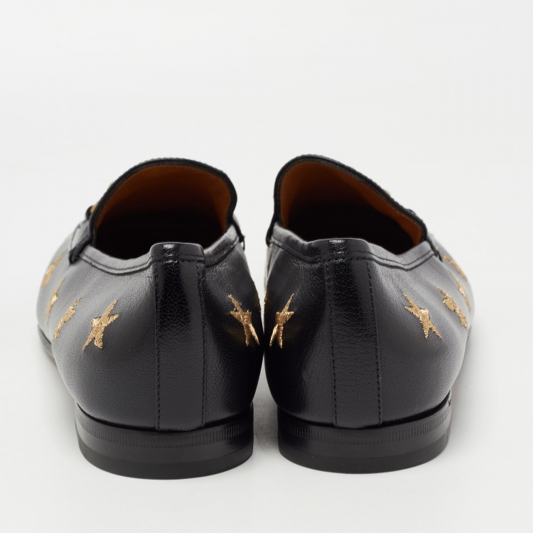 مملوكة مسبقًا Gucci Black Leather Embroidered Star Bee Horsebit Loafers Size 41