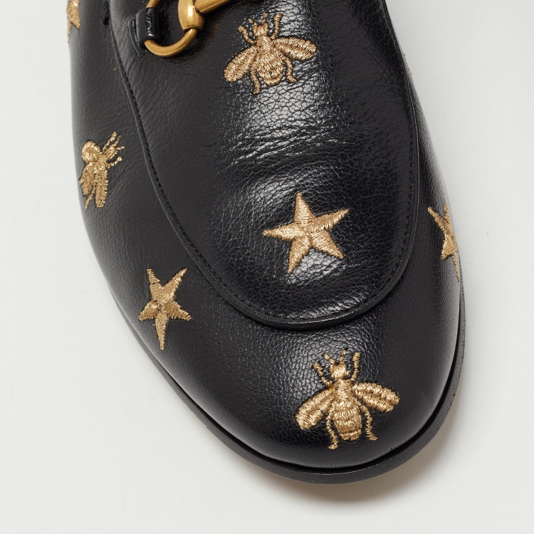 مملوكة مسبقًا Gucci Black Leather Embroidered Star Bee Horsebit Loafers Size 41