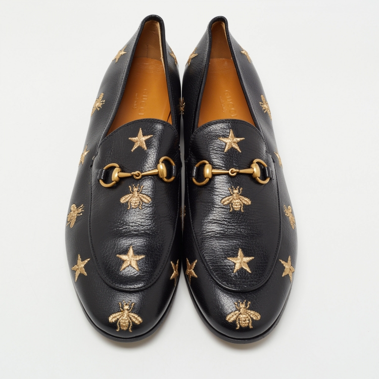 مملوكة مسبقًا Gucci Black Leather Embroidered Star Bee Horsebit Loafers Size 41