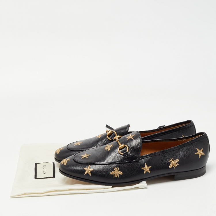 مملوكة مسبقًا Gucci Black Leather Embroidered Star Bee Horsebit Loafers Size 41