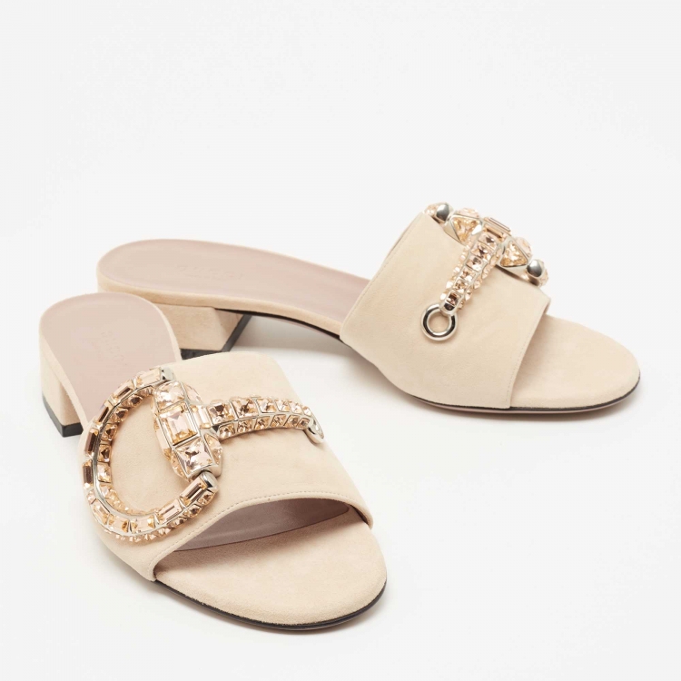 Pre Owned Gucci Beige Suede Crystal Horsebit Maxime Slide Sandals Size 37.5