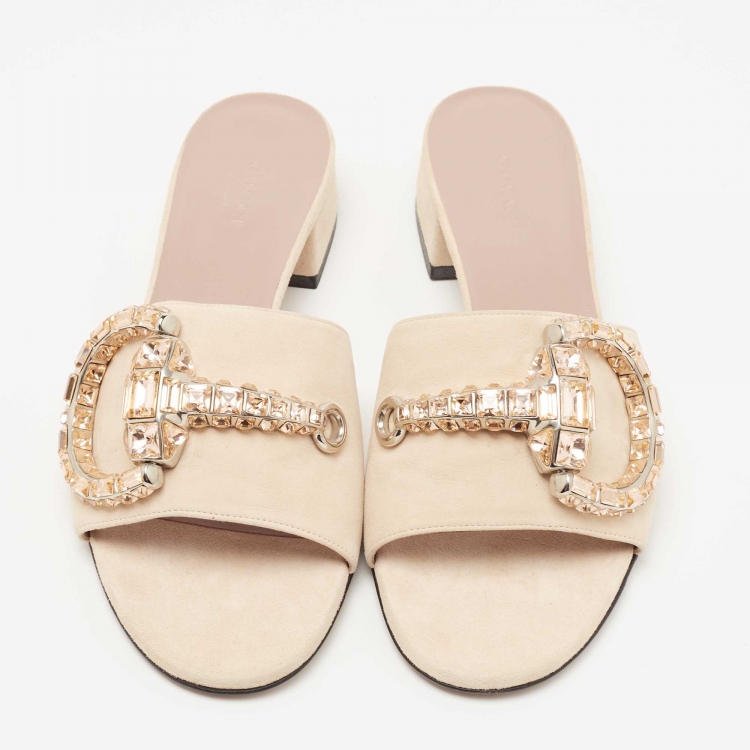 Pre Owned Gucci Beige Suede Crystal Horsebit Maxime Slide Sandals Size 37.5
