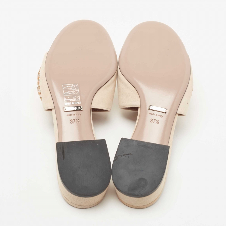 Pre Owned Gucci Beige Suede Crystal Horsebit Maxime Slide Sandals Size 37.5