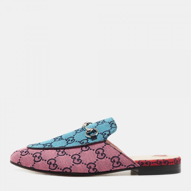 Gucci Pink/Blue GG Canvas Princetown Mules Size 37 Gucci | TLC