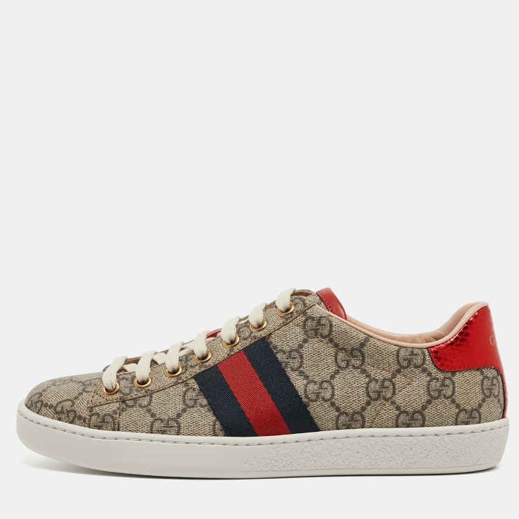 Pre Owned Gucci Beige/Brown GG Supreme Canvas Ace Sneakers Size 36