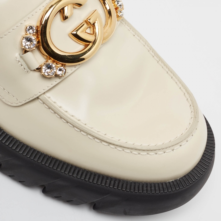 Pre Owned Gucci Cream Leather Interlocking G logo Sneaker Loafers Size 41