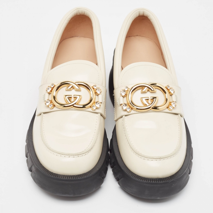 Pre Owned Gucci Cream Leather Interlocking G logo Sneaker Loafers Size 41