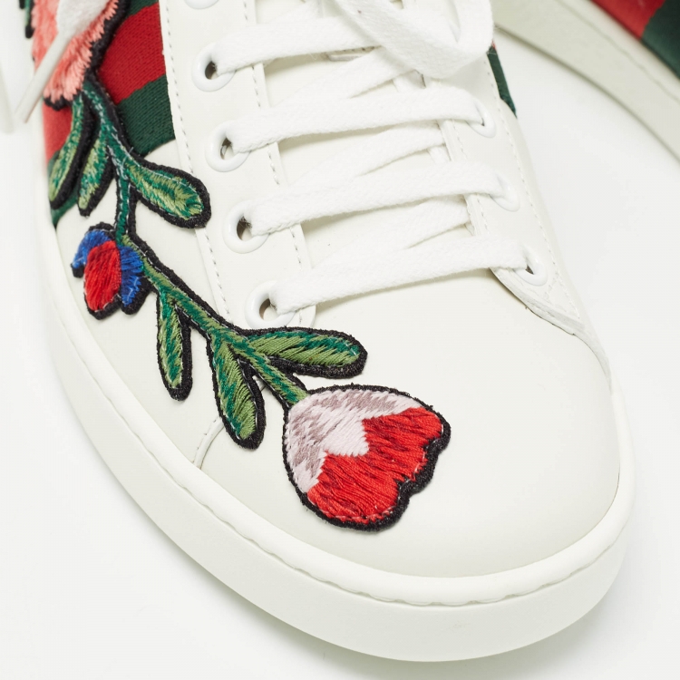 Pre Owned Gucci White Leather Floral Embroidered Ace Sneakers Size 35.5