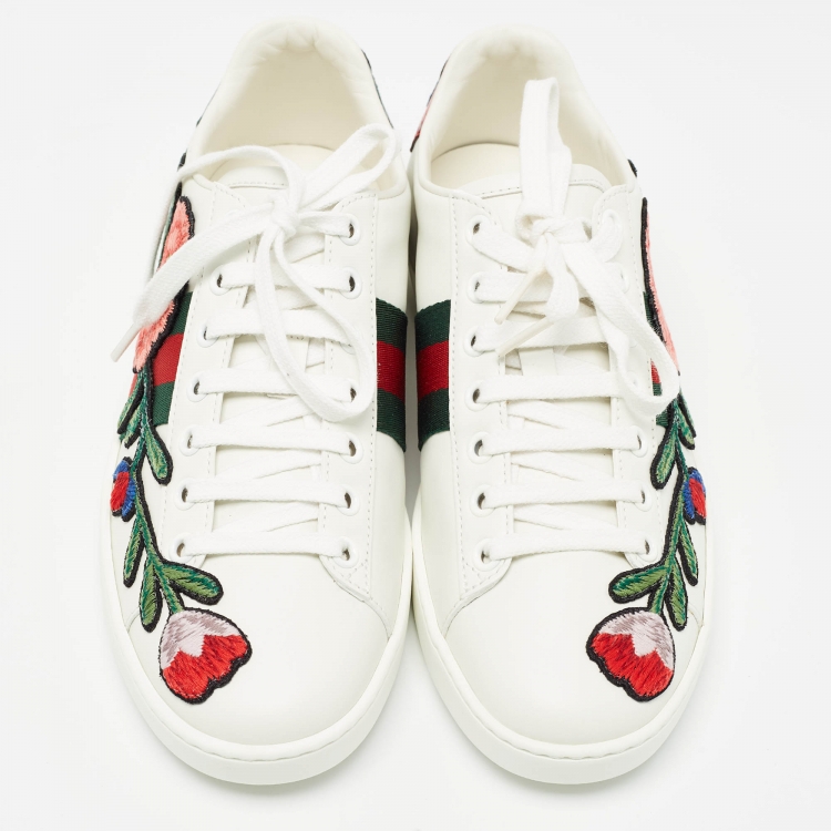 Pre Owned Gucci White Leather Floral Embroidered Ace Sneakers Size 35.5