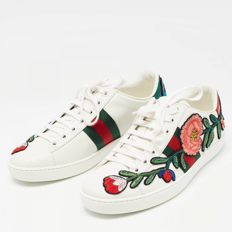 Pre Owned Gucci White Leather Floral Embroidered Ace Sneakers Size 35.5