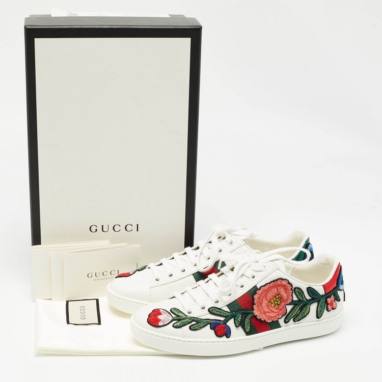 Pre Owned Gucci White Leather Floral Embroidered Ace Sneakers Size 35.5