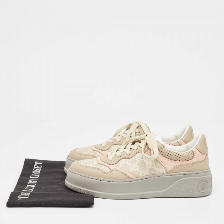 Pre Owned Gucci Beige/Pink GG Supreme Canvas and Leather Low Top Sneakers Size 38