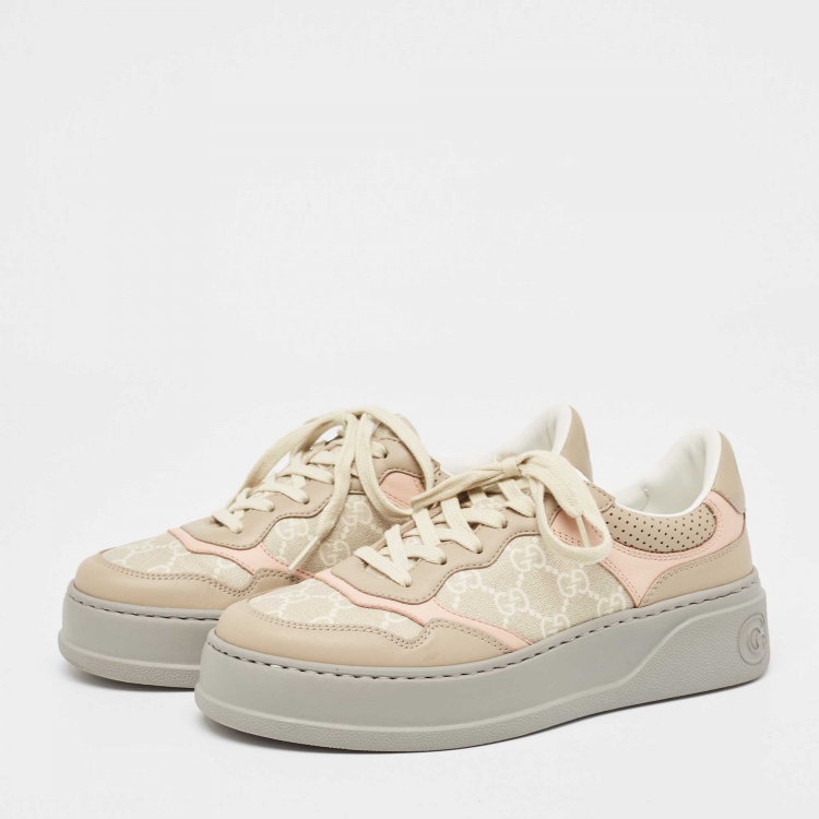 Pre Owned Gucci Beige/Pink GG Supreme Canvas and Leather Low Top Sneakers Size 38