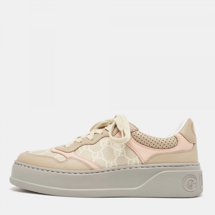 Pre Owned Gucci Beige/Pink GG Supreme Canvas and Leather Low Top Sneakers Size 38
