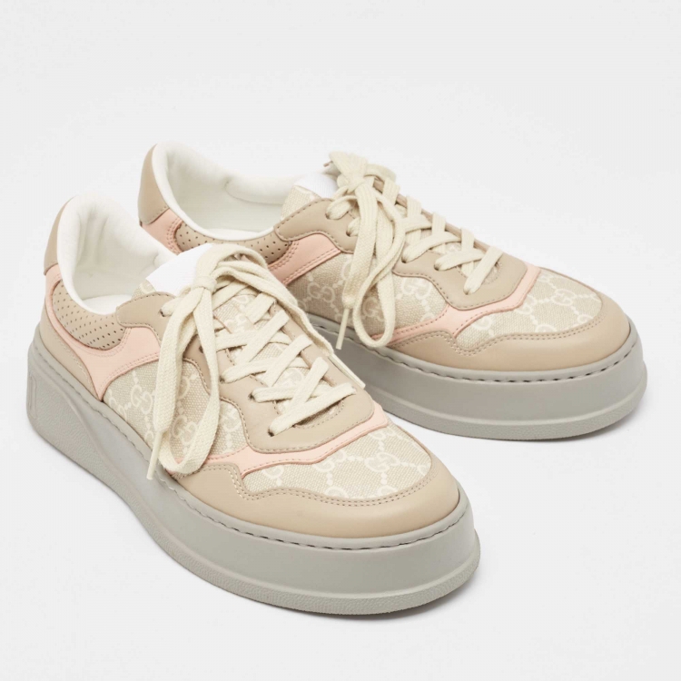 Pre Owned Gucci Beige/Pink GG Supreme Canvas and Leather Low Top Sneakers Size 38