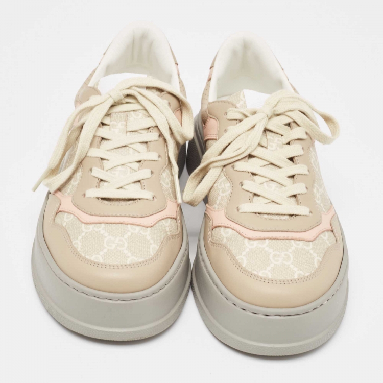 Pre Owned Gucci Beige/Pink GG Supreme Canvas and Leather Low Top Sneakers Size 38