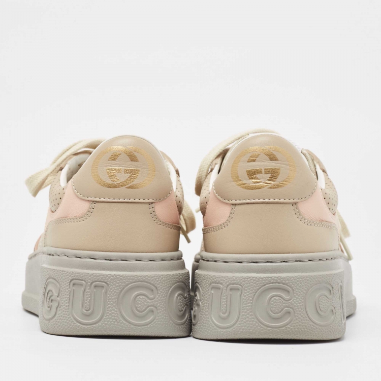 Pre Owned Gucci Beige/Pink GG Supreme Canvas and Leather Low Top Sneakers Size 38