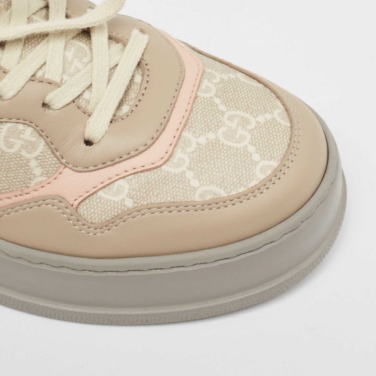 Pre Owned Gucci Beige/Pink GG Supreme Canvas and Leather Low Top Sneakers Size 38