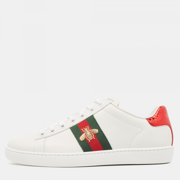Pre Owned Gucci White Leather Bee Embroidered Ace Sneakers Size 37