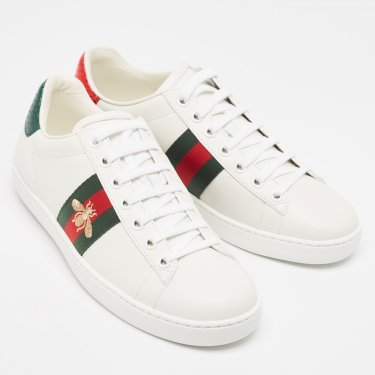 Pre Owned Gucci White Leather Bee Embroidered Ace Sneakers Size 37