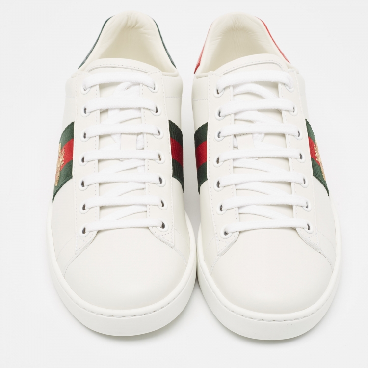 Pre Owned Gucci White Leather Bee Embroidered Ace Sneakers Size 37