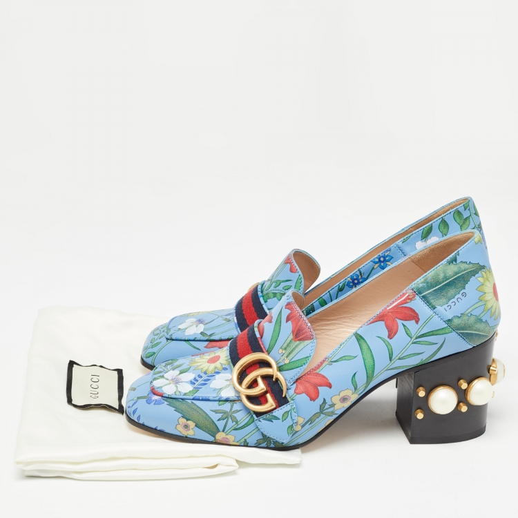 Pre Owned Gucci Blue Floral Print Leather GG Marmont Loafer Pumps Size 38.5